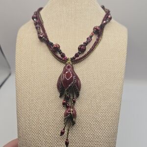 Chico's Burgundy Beaded Necklace with Pendant